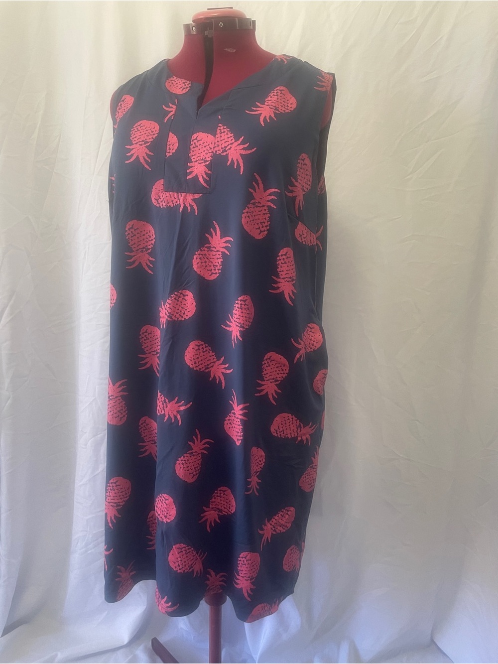 Sleeveless Navy Shift Dress with Pink Pineapple Print